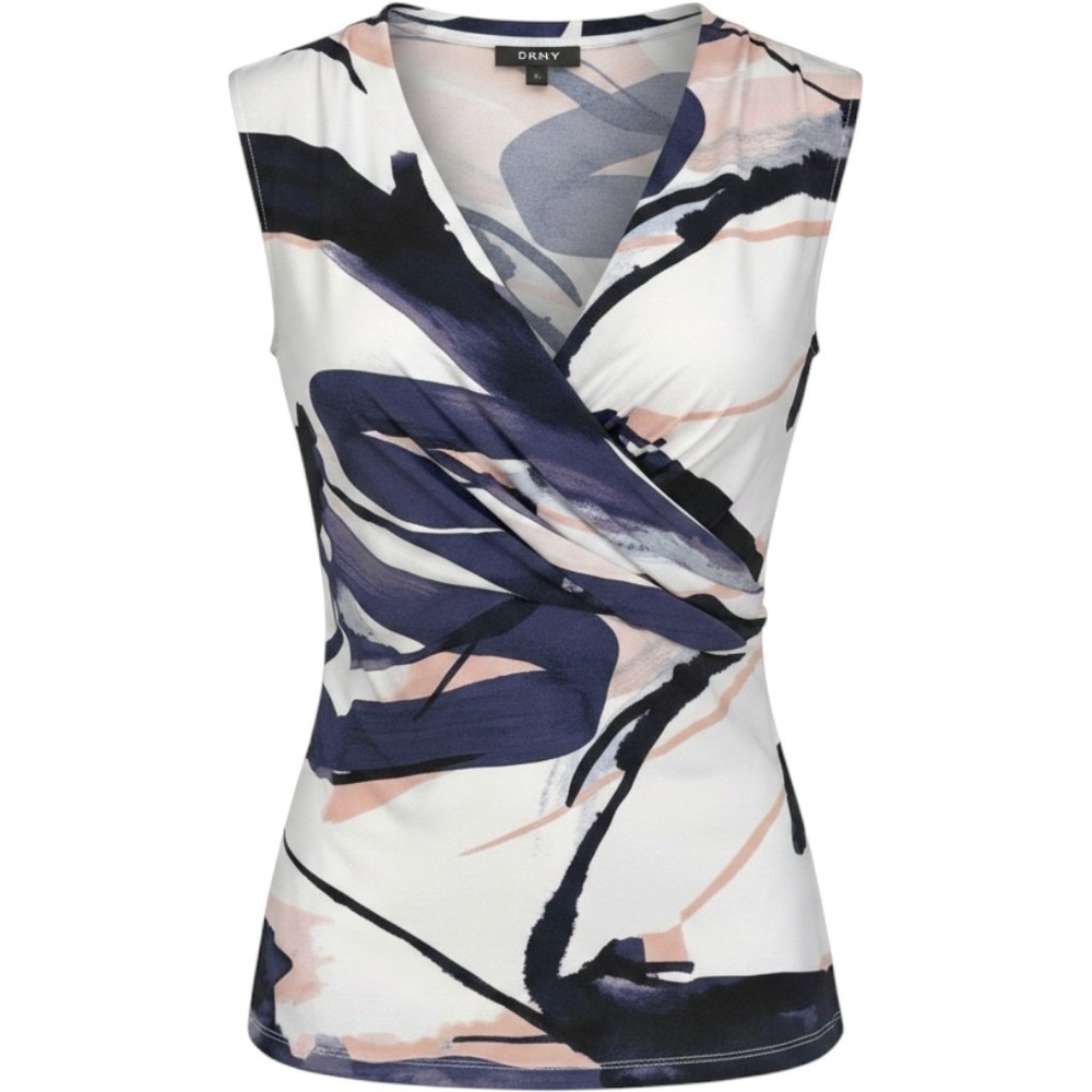 DKNY Women's Sleeveless Faux Wrap V-Neck Top Abstract Print Art-to-Wear Size‎ L